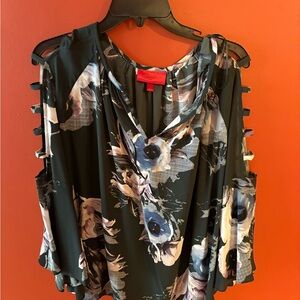 Jennifer Lopez Dark Floral Blouse with Cut-Out Sleeves